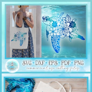 Puede incluir: Un diseño floral azul y blanco de una tortuga marina, perfecto para proyectos de manualidades. Se incluyen archivos digitales SVG, DXF, EPS, PDF y PNG. Se permite el uso comercial.