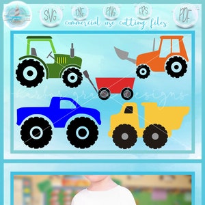 May include: A set of four colorful vehicle cut files for crafting and design projects. The set includes a green tractor, an orange tractor with a scoop, a blue truck, and a yellow dump truck. The files are available in SVG, DXF, PNG, EPS, and PDF formats.