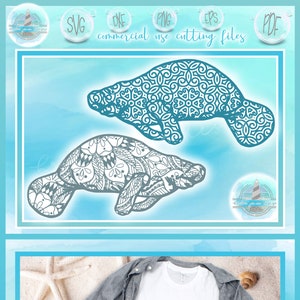 May include: Two digital cut files of a manatee with a mandala design. The manatees are in a light blue and white color scheme. The files are for commercial use and are available in SVG, DXF, PNG, EPS, and PDF formats.
