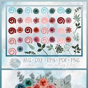 Paquete SVG de flores enrolladas / 17 plantillas de flores de papel enrolladas / Flores de corte de papel / Hojas de archivos SVG para Cricut Silhouette