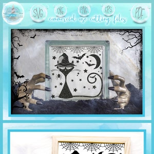 Könnte beinhalten: Schwarze Katze mit Hexenhut und einer Spinne auf der Nase. Die Katze ist von Sternen, Fledermäusen und einem Halbmond umgeben. Das Bild ist in einem Glasblock.