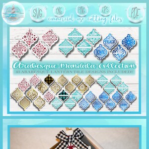 May include: A collection of 43 digital designs for lantern tiles in blue, gold, and black and white. The designs feature intricate geometric patterns and are perfect for creating unique home decor. The designs are available in SVG, DXF, PNG, EPS, and PDF formats.