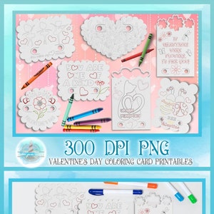 K&ouml;nnte beinhalten: Ein Satz druckbarer Valentinstag-Malvorlagen mit verschiedenen Designs, darunter ein Herz mit Blumen, ein Marienk&auml;fer, eine Katze und eine Ballerina. Die Karten sind in Schwarzwei&szlig; und zum Ausmalen bereit.