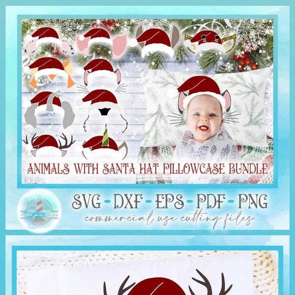 Christmas SVG, Kids Pillowcase Animal Santa Hat Bundle SVG files for Cricut Silhouette Unicorn Elephant Fox Giraffe Llama Penguin Reindeer