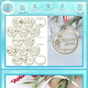 May include: A set of 13 gold and red Christmas ornament SVG cut files. The ornaments feature various Christmas-themed phrases and designs, including "Let It Snow", "Mistletoe Kisses", "Deck the Halls", and "Peace on Earth".