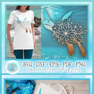 May include: A digital design of a sea turtle with flowers on its shell. The design is in a gradient of blue and brown. The design is shown on a white t-shirt and a white tote bag. The text "SVG - DXF - EPS - PDF - PNG commercial use cutting files" is at the bottom of the image.