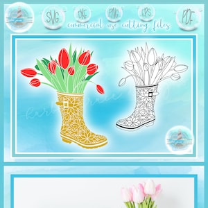 May include: A digital design of a rain boot filled with tulips. The design is available in black and white and a gold colour. The image also shows a framed version of the design with pink tulips in a vase.