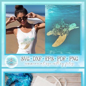May include: A digital design featuring a sea turtle with floral accents. The turtle is outlined in black and filled with a gradient of green and gold. The design is perfect for crafting projects like t-shirts, tote bags, and home decor.