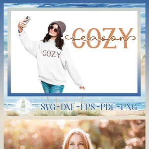 May include: A white t-shirt with the text "Cozy Season" in brown lettering. The shirt is worn by a person in two different settings, one with a beach background and the other with a blurred background of trees and sunlight.