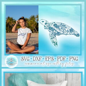 May include: A digital download of a line art design of a sea turtle with a floral pattern. The design is in shades of blue and green. The image shows the design on a white t-shirt and a white pillow. The text "SVG - DXF - EPS - PDF - PNG commercial use cutting files" is at the bottom of the image.