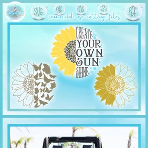 Peut inclure: Une conception numérique représentant un tournesol avec le texte "Create Your Own Sun Shine" en noir et blanc. Le motif est présenté sur une housse de roue de voiture.