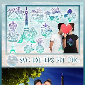 Torre Eiffel y Vintage Flower Mandala SVG Bundle / Paris Mandala SVG Archivos para Cricut Silhouette