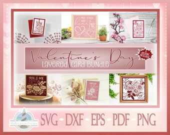 Valentines Day Card Bundle - Layered Papercut Cards for Valentines Day - Happy Valentines Day Greeting Card - Paper Cut Card SVG Designs