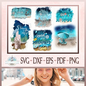 May include: A set of six digital designs featuring beach-themed quotes and illustrations. The designs include a blue and white watercolor background with text such as "What Happens at the Beach Stays at the Beach", "Flip Flops Make Life Better", "Wish Upon a Starfish", "May You Always Have Sand Between Your Toes and Saltwater in Your Hair and the Sun on Your Face", "The Beach is Calling I Must Go", and "Sometimes a Day at the Beach is All the Therapy You Need".