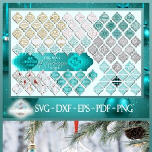 Puede incluir: Un conjunto de 86 archivos de corte digital con un diseño arabesco. Los archivos son perfectos para crear adornos navideños, decoración del hogar y otras manualidades. Los diseños están disponibles en formatos SVG, DXF, EPS, PDF y PNG. La imagen también muestra un adorno de muestra con el texto "Es la época más maravillosa del año" y un adorno separado con el texto "Navidad 2022".