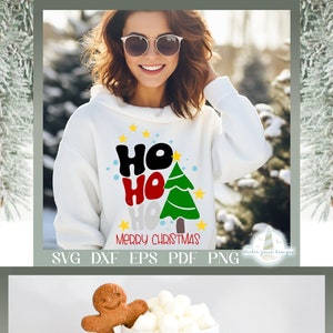 Ho Ho Ho Feliz Navidad: texto navideño ondulado retro SVG, cita navideña divertida, archivos SVG para Cricut, diseño de camiseta navideña