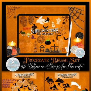 50 Halloween Stamps Brush Set for Procreate, Ipad Brush Set, Halloween Brush Stamps, Skull Procreate Stamps, Witch Stamps, Pumpkin Brushes