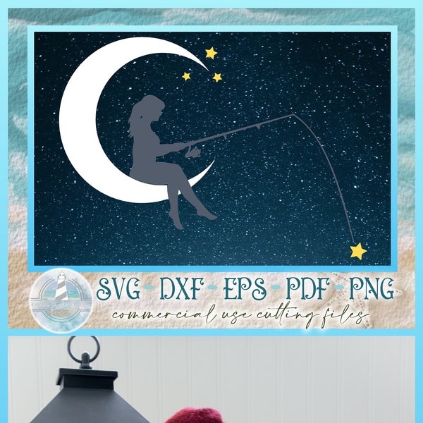 Woman Fishing on Moon Memorial SVG Files for Cricut Silhouette - Dxf Eps Pdf Png Included | Vehicle Memorial Decal | Loss of Loved One