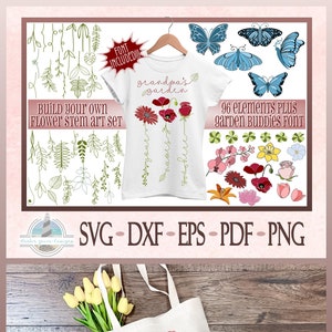 Blumen Stengel Kunst, SVG Bundle, Garden Buddies FONT INCLUDED, Blumen Namensstamm svg, Blumen svg, Linie gezeichnete Blumen, svg-Dateien für Cricut