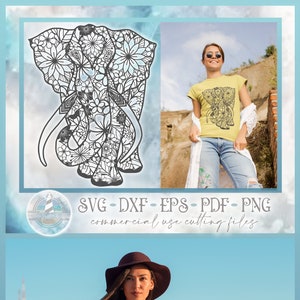 May include: A digital download of a floral elephant design. The design is black and white and features intricate details. The design is shown on a t-shirt and a tank top. The design is perfect for crafting projects, such as t-shirt designs, tote bags, and home decor.