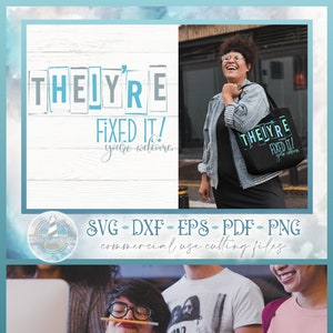 Puede incluir: Una camiseta negra con un gráfico azul y blanco que dice "They're Fixed It! You're Welcome". La camiseta la lleva puesta una persona con un lápiz equilibrado en la nariz. La persona está rodeada de otras personas en un ambiente informal.