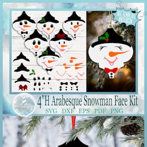 4 Inch H Arabesque Tile Snowman Face Making Kit SVG Bundle | 4&quot; H Tile Christmas Ornament SVG - Tile Template Included