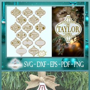 May include: A set of 15 digital cut files for Christmas ornaments. The ornaments are in a traditional Moroccan style with intricate designs. The ornaments feature various Christmas sayings, including "Silent Night", "Peace on Earth", "Jingle Bells", "Mistletoe Kisses", and "The Taylor Family".