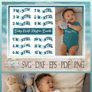 Paquete SVG de hitos mensuales del bebé - Meses 1 a 12 incluidos - Archivos PDF Dxf Eps Png para Cricut Silhouette - Baby Growth Tracker