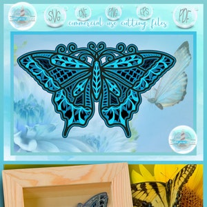 May include: A multi-layered butterfly design in blue and black, with detailed cut-out patterns. The image features the text "commercial use cutting files" and a framed butterfly artwork. A yellow butterfly rests on a sunflower.