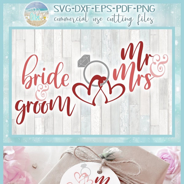 One Ring Two Hearts Diamond Wedding Ring Engagement Marriage Bride Groom Mr And Mrs SVG Dxf Eps Png PDF Files For Cricut Silhouette