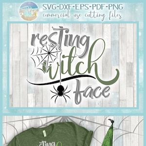 May include: A green t-shirt with the text "resting witch face" in black and green lettering. A spider web graphic is above the text. A green witch hat with a black spider web design is in the background.