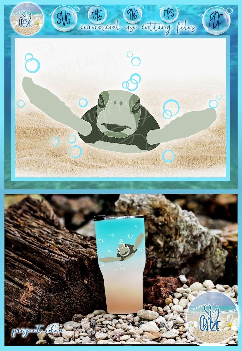 May include: A teal blue tumbler with a graphic of a sea turtle swimming in the ocean with bubbles. The tumbler is sitting on a rock with a beach background.