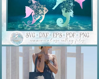 May include: A digital design set featuring a sea turtle, dolphin, angelfish, and seahorse, each adorned with intricate floral patterns in a gradient of teal, pink, and white. The text reads SVG - DXF - EPS - PDF - PNG commercial use cutting files.