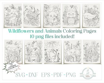 Wildblumen und Tiere druckbare Malseiten, Malbuch für Kinder, 300dpi PNG, PNG Printables, Procreate Färbung PNG