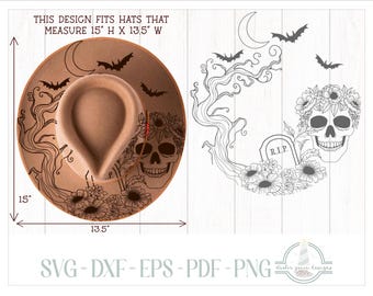 READY TO PRINT - Fits 15"x13.5" hats - Halloween Skull Flowers Tombstone Tree Bats Hat Burning Design - For Pyrography