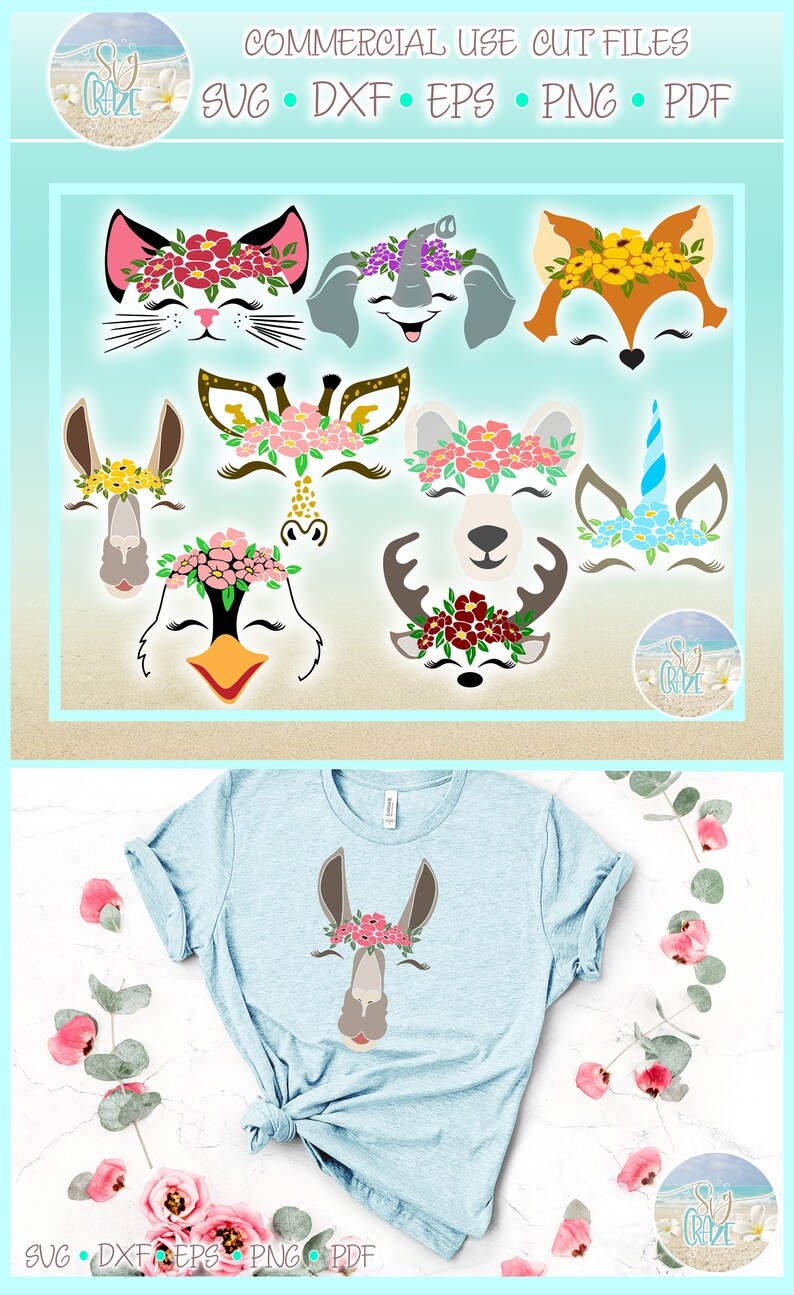 Animal Faces With Flowers Bundle SVG Files for Cricut Silhouette - Dxf ...