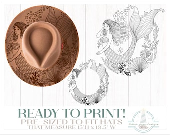 READY TO PRINT - Fits 15"x13.5" hats - Mermaid Hat Burning Design - For Pyrography - Printable Pdf & Word Doc - Full and No Center Included