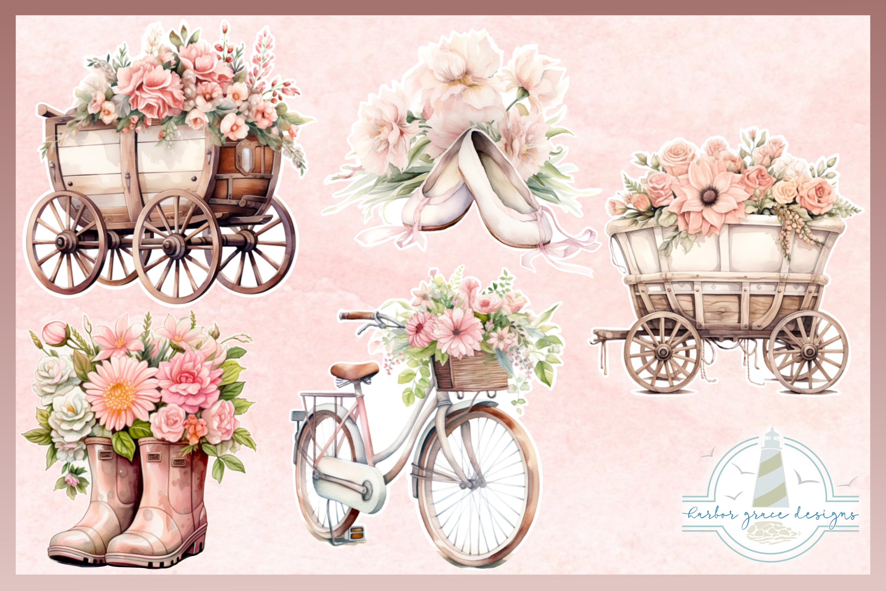 Pink and Beige Vintage Floral Sticker Set - 300 Dpi PNG - Print Then ...