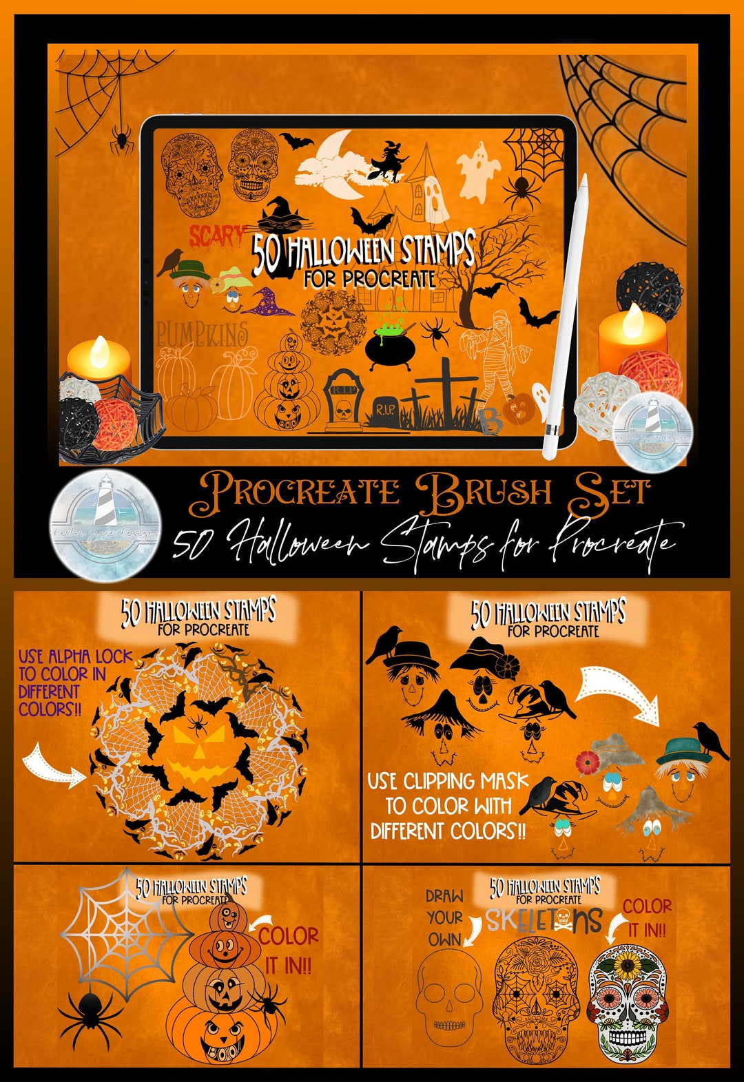 50 Halloween Stamps Brush Set for Procreate, iPad Brush Set, Halloween ...