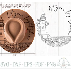 May include: A tan felt hat featuring a black line art illustration of a lighthouse, crashing waves, and the text "let your light shine". The design is shown on the hat and as a separate graphic, with dimensions labeled as 15 inches high by 13.5 inches wide.