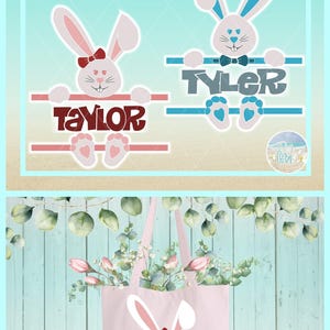 May include: Digital graphic design featuring two bunny illustrations with split-name frames, one labeled Taylor with a red bow and one labeled Tyler with a blue bowtie, plus a pink tote bag mockup displaying the Taylor bunny design and floral accents.