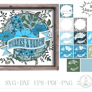 ありがとう - 3D フローラル シャドーボックス SVG - 3D レイヤー SVG - Cricut シルエット ペーパー クラフト用 SVG ファイル - Dxf、Eps、Pdf、Png を含む