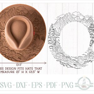 Puede incluir: Un sombrero de fieltro color canela con un diseño grabado a láser de montañas, un bosque y un caballo. La imagen incluye una versión en arte lineal negro del mismo gráfico, con texto que indica que el diseño se ajusta a sombreros de 38,1 cm por 34,3 cm.