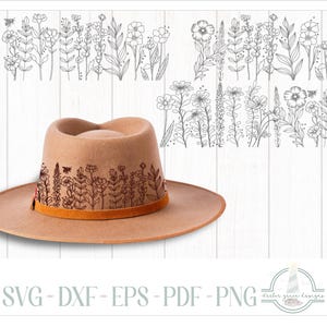 Wildblumen für die Hutspitze - Hutbrennen-Design - Für Pyrographie - SVG-Dateien für Cricut - Dxf Eps Pdf Png und Word-Dokument enthalten