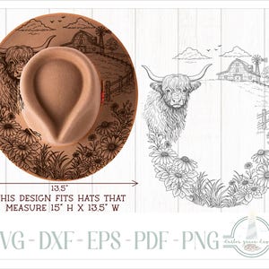 READY TO PRINT - Fits 15"x13.5" hats - Highland Cow and Farm Hat Burning Design - For Pyrography - Printable Pdf & Word Doc