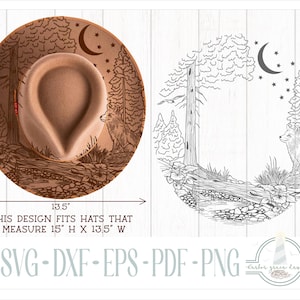 Puede incluir: Un sombrero color canela con un grabado láser de un bosque con un zorro, árboles y una luna creciente. El diseño mide 38,1 cm de alto por 34,3 cm de ancho. Texto: THIS DESIGN FITS HATS THAT MEASURE 15" H X 13.5" W. Formatos: SVG, DXF, EPS, PDF, PNG.