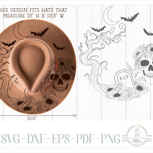 May include: A black and white line art design of a skull with a floral wreath, a tombstone with the text "RIP", and a tree with branches. The design is suitable for hats measuring 15 inches in height and 13.5 inches in width.