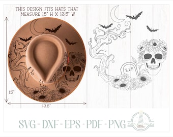 READY TO PRINT - Fits 15"x13.5" hats - Halloween Skull Flowers Tombstone Tree Bats Hat Burning Design - For Pyrography
