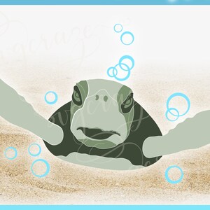 May include: A green sea turtle with its head and flippers sticking out of the sand. The turtle is looking directly at the viewer. There are blue bubbles around the turtle.
