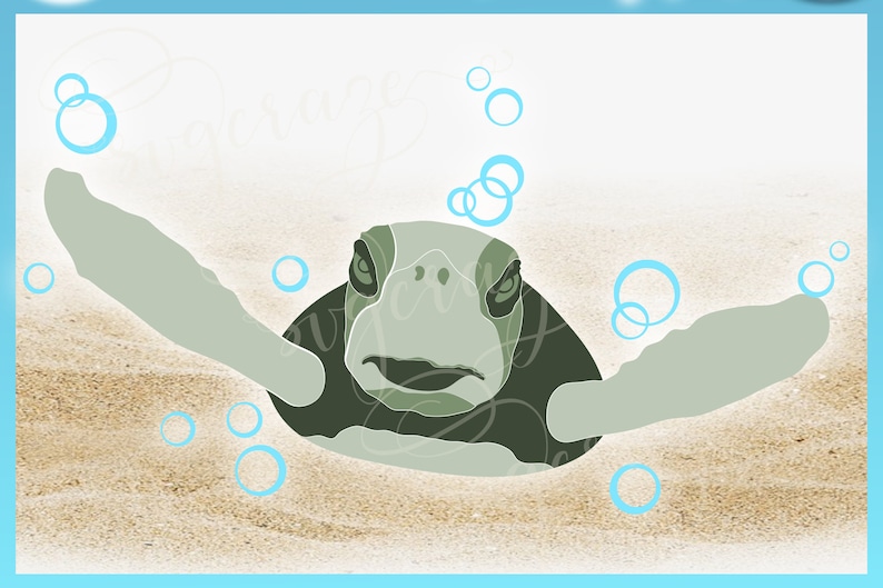 May include: A green sea turtle with its head and flippers sticking out of the sand. The turtle is looking directly at the viewer. There are blue bubbles around the turtle.